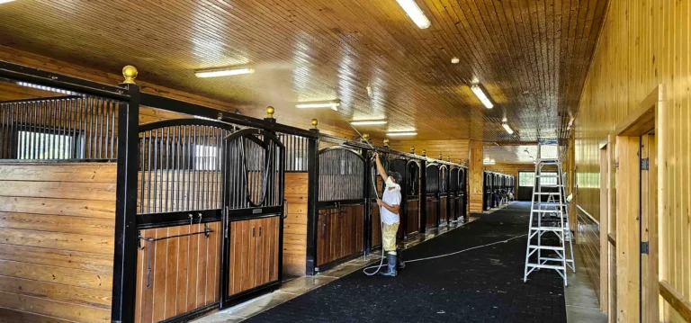 a man cleaning a horse stable