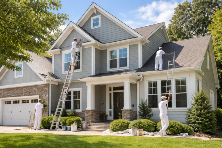 professional exterior house painting in Maryland on two-story suburban home