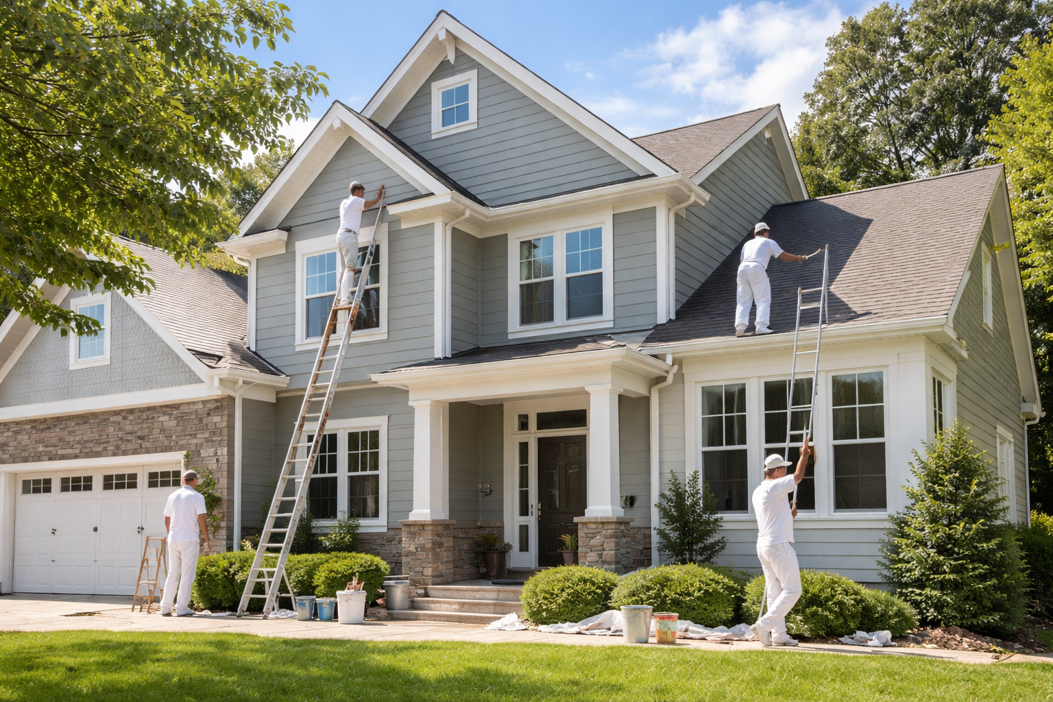 professional exterior house painting in Maryland on two-story suburban home