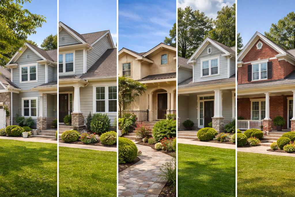 different home exterior materials including wood siding stucco fiber cement and brick houses