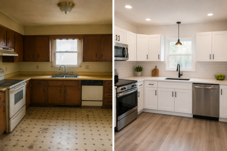 Before and after kitchen remodeling comparison showing an outdated kitchen transformed into a modern, bright space with white cabinets, new flooring, and updated appliances.
